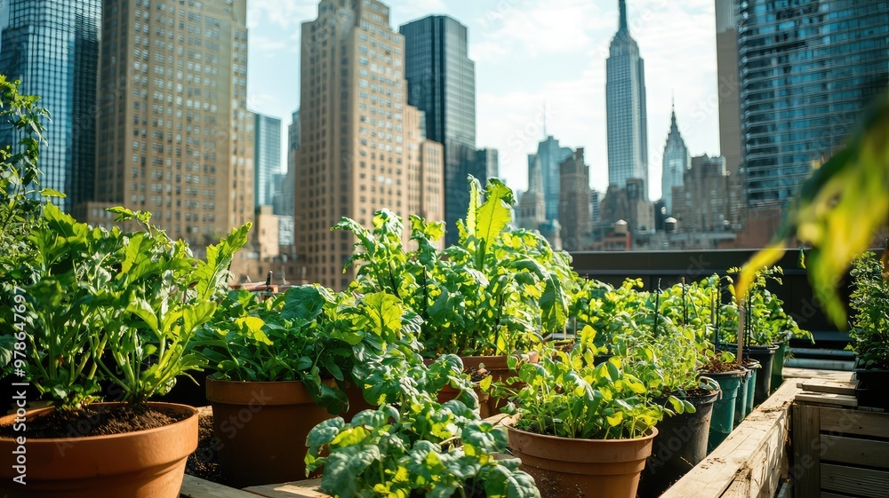 A vibrant rooftop garden flourishing amidst the skyline, showcasing green plants against iconic city architecture. A vibrant rooftop garden flourishing amidst the skyline, showcasing green plants against iconic city architecture.