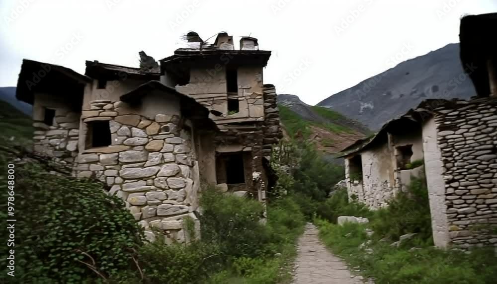 an abandoned mountain village with crumbling stone houses nestled in remote valley an abandoned mountain village with crumbling stone houses nestled in remote valley