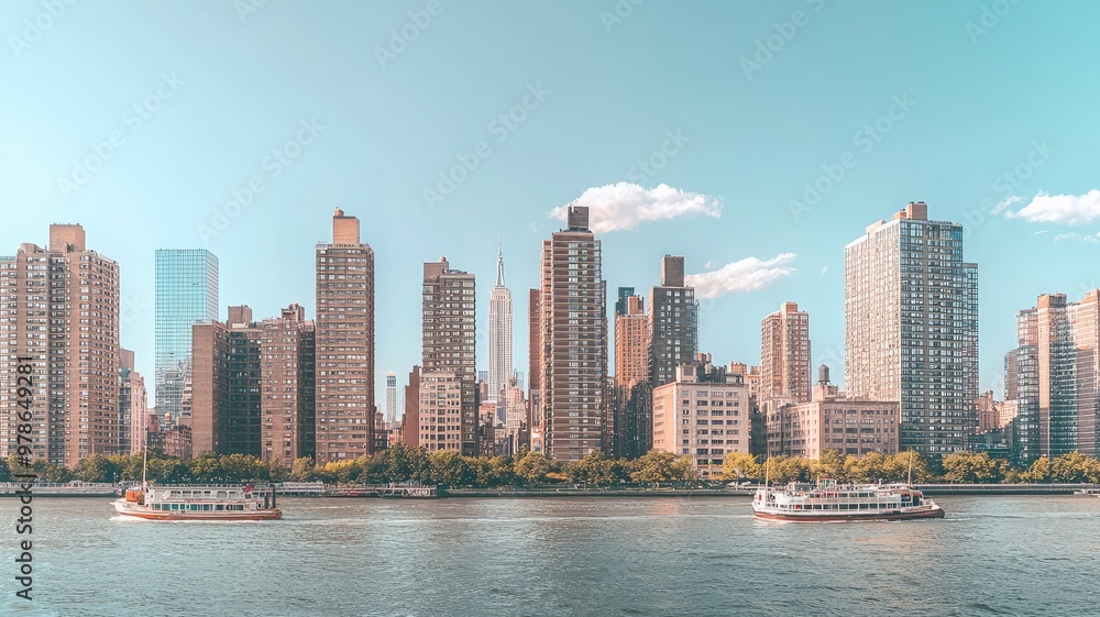 Obraz premium Breathtaking city skyline view with modern buildings and serene water, capturing urban beauty and tranquility in vibrant daylight.