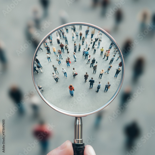 Magnifying glass focused on group of people. Looking for person in crowd. Searching candidate for employment in labor market 