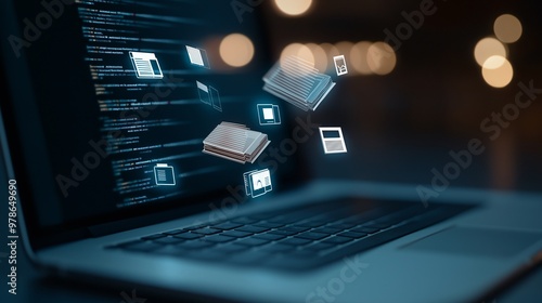 Digital Knowledge Overflow: A laptop screen bursts with flying books, representing the vast amount of information accessible in the digital age.  The glow of the screen against the dark background