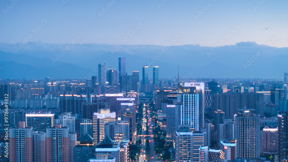 Aerial photography of the night scenery of the central business district in Xi'an, China Aerial photography of the night scenery of the central business district in Xi'an, China