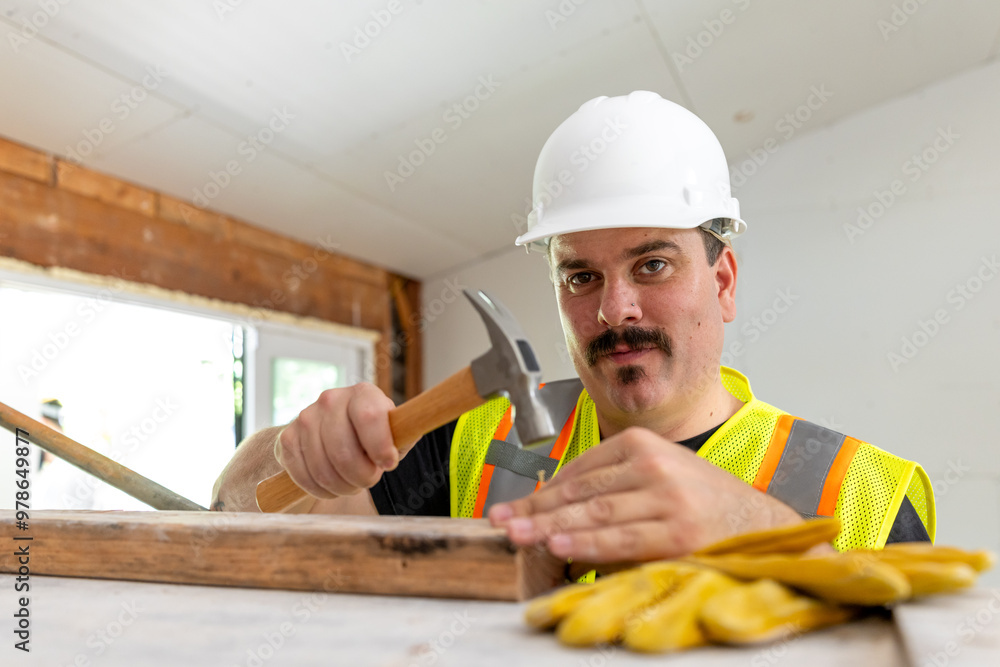 A skilled construction worker expertly uses a hammer while donning a safety vest and helmet, completely focused on the important task of house remodeling and renovation activities within the interior A skilled construction worker expertly uses a hammer while donning a safety vest and helmet, completely focused on the important task of house remodeling and renovation activities within the interior