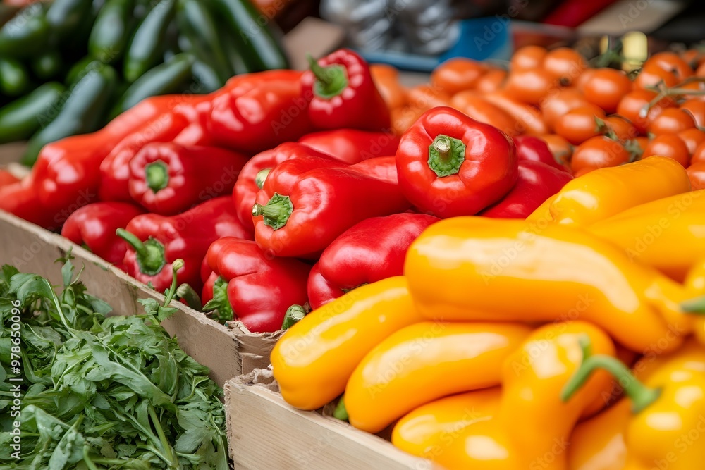Fresh Red and Yellow Peppers on Display at a Market Stall Fresh Red and Yellow Peppers on Display at a Market Stall