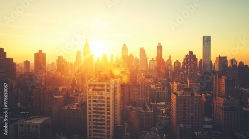 Breathtaking sunset over a vibrant city skyline, showcasing dramatic buildings against a golden sky, perfect for urban themes.