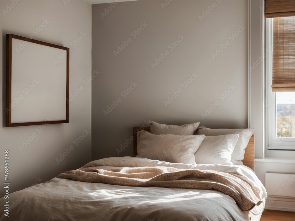 A Minimalist Bedroom with a Large, Blank Picture Frame and a Soft Bed A Minimalist Bedroom with a Large, Blank Picture Frame and a Soft Bed