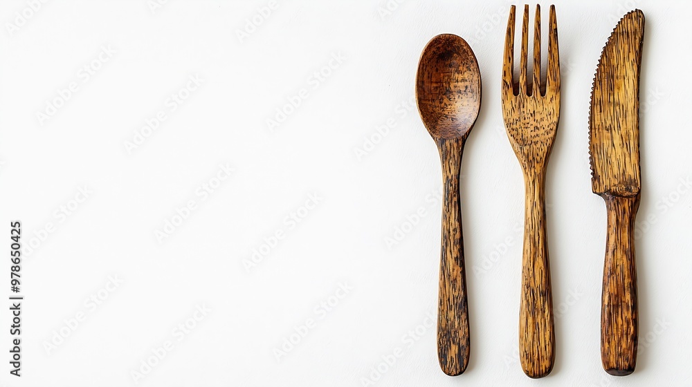 Wooden Knife Fork and Spoon isolated on white background : Generative AI Wooden Knife Fork and Spoon isolated on white background : Generative AI