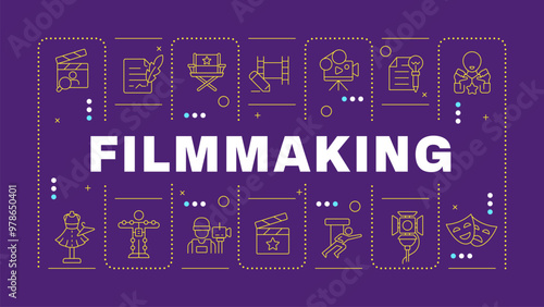 Filmmaking purple word concept. Movie script, screenwriting. Cinematography, television. Horizontal vector image. Headline text surrounded by editable outline icons. Hubot Sans font used
