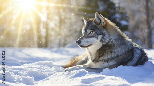 A wolf resting in snow under bright sun