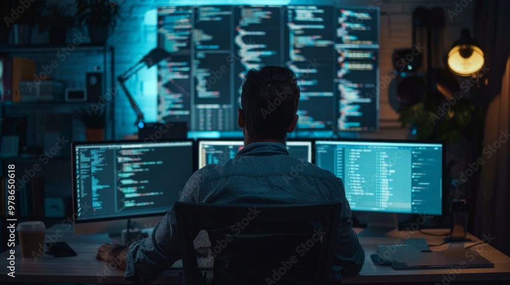 Developer coding on a laptop with multiple monitors in a tech workspace Developer coding on a laptop with multiple monitors in a tech workspace