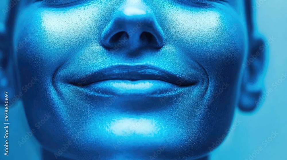 A close-up portrait showcasing a serene expression with blue lighting, emphasizing smooth skin and an artistic vibe. A close-up portrait showcasing a serene expression with blue lighting, emphasizing smooth skin and an artistic vibe.