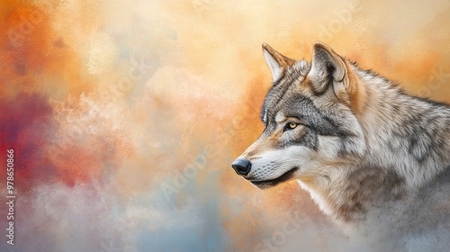 Wallpaper Mural A majestic wolf stands confidently amidst a soft, colorful background, embodying the spirit of the wild and freedom. Torontodigital.ca