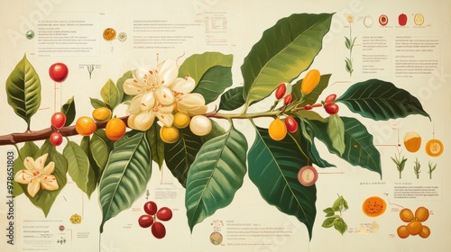 An educational illustration showing the anatomy of a coffee plant, with labeled parts and colorful visuals
