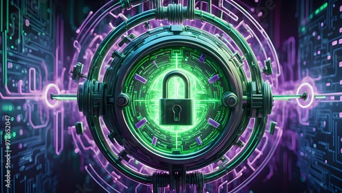 A glowing green padlock inside a futuristic, digital security system.