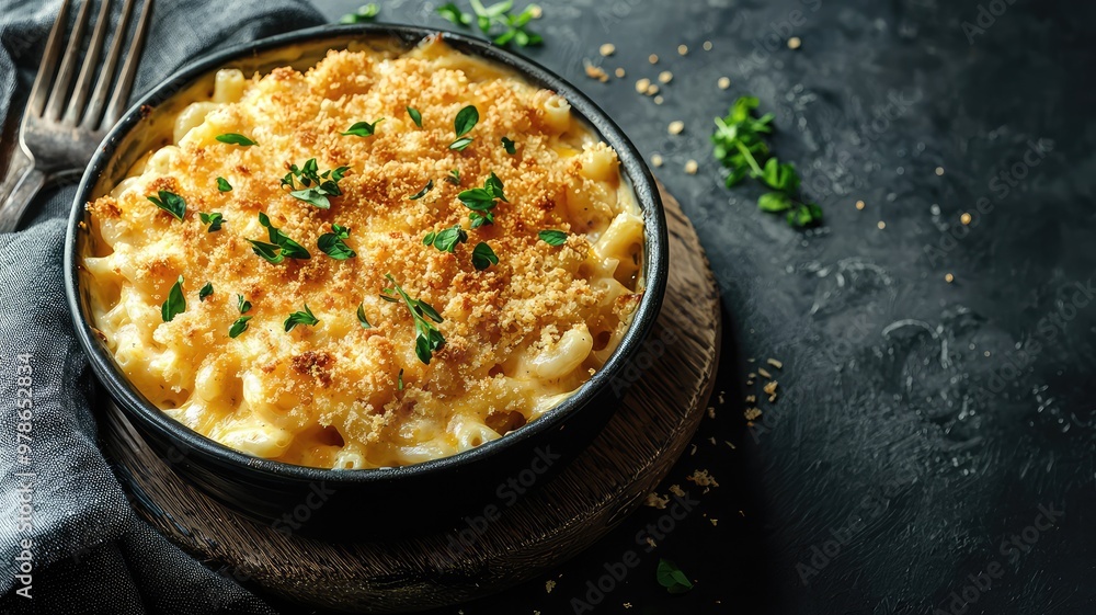 Creamy mac and cheese topped with golden breadcrumbs, served in a stylish bowl on a dark rustic surface. Creamy mac and cheese topped with golden breadcrumbs, served in a stylish bowl on a dark rustic surface.