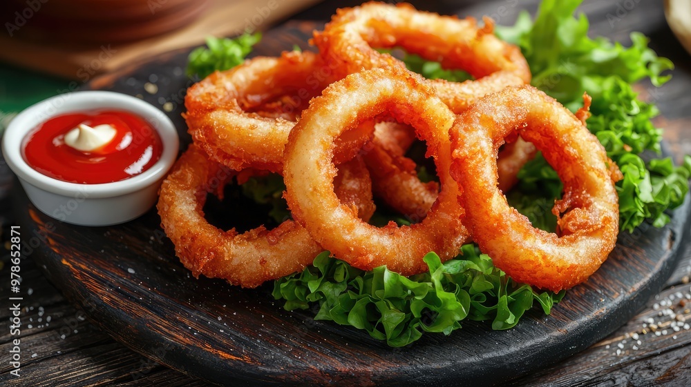 Crispy fried onion rings served with fresh lettuce and a side of ketchup, perfect for snacking or as a delicious appetizer. Crispy fried onion rings served with fresh lettuce and a side of ketchup, perfect for snacking or as a delicious appetizer.