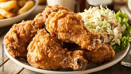 Crispy fried chicken served with fresh coleslaw on a rustic wooden table, perfect for a hearty meal or family gathering. photo