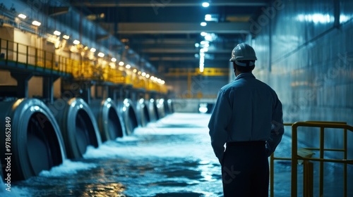 An inside view of a hydroelectric power station, water turbines in motion, engineers monitoring,