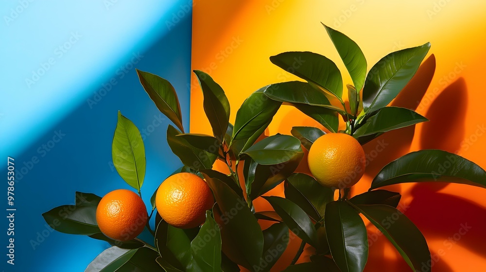 Orange Tree Branch with Green Leaves on a Blue and Yellow Background Orange Tree Branch with Green Leaves on a Blue and Yellow Background