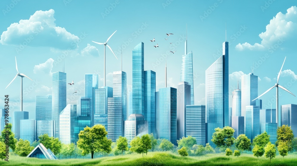Fototapeta premium An urban cityscape with skyscrapers and wind turbines, showcasing the integration of green finance and renewable energy investments, futuristic and eco-friendly design