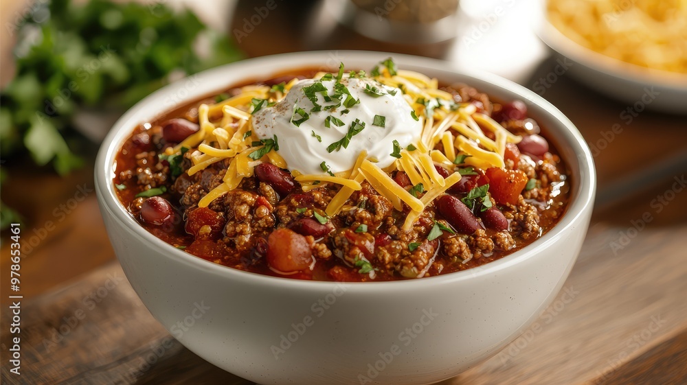 Delicious chili with ground meat, beans, cheese, and sour cream, garnished with herbs, served in a stylish bowl. Delicious chili with ground meat, beans, cheese, and sour cream, garnished with herbs, served in a stylish bowl.