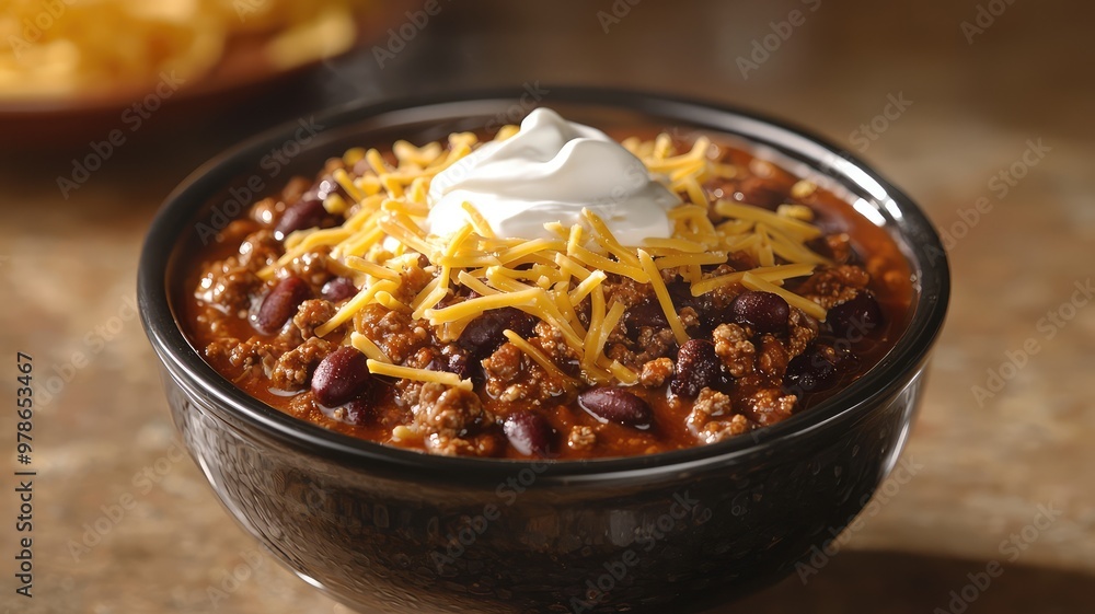 Delicious chili topped with cheese and sour cream, perfect for comfort food lovers and hearty meals. Delicious chili topped with cheese and sour cream, perfect for comfort food lovers and hearty meals.