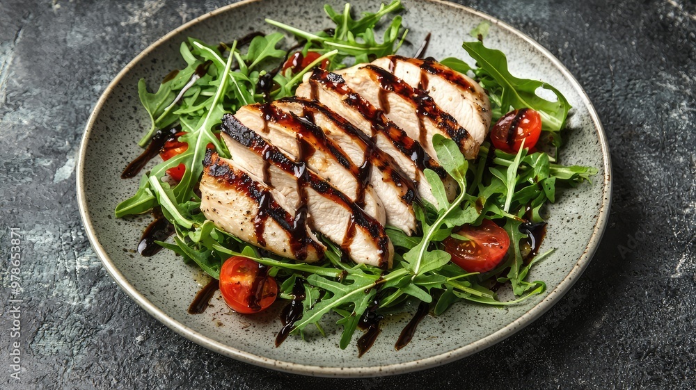 Delicious grilled chicken served on fresh arugula with cherry tomatoes, drizzled with balsamic glaze on a rustic plate. Delicious grilled chicken served on fresh arugula with cherry tomatoes, drizzled with balsamic glaze on a rustic plate.