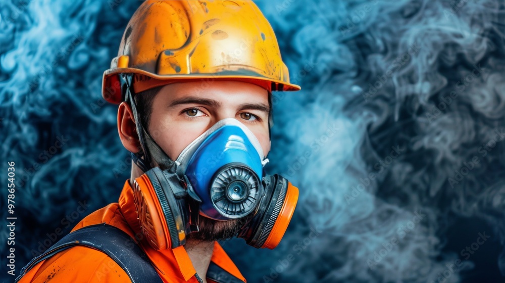 Obraz premium Construction worker in protective dust mask amidst floating glass wool particles on job site