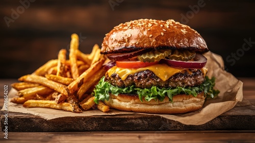 Delicious hamburger with fresh toppings and crispy fries, perfect for a mouthwatering meal or fast food craving. photo