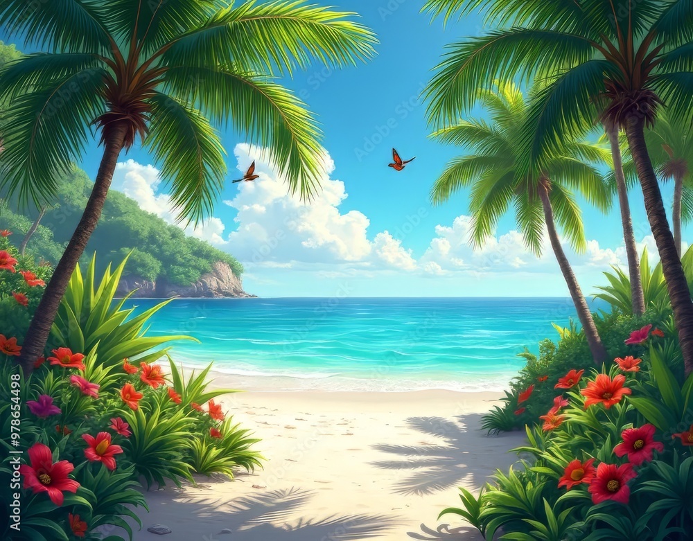 Fototapeta premium Palm-lined beaches and lush gardens in sunny Florida, a tropical paradise.