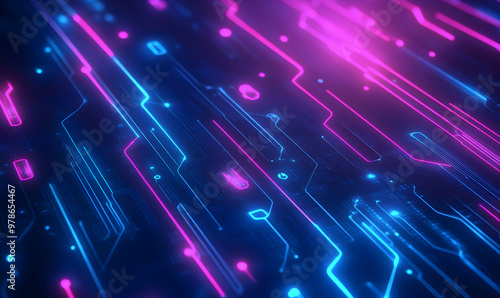 Abstract digital circuit board background with glowing blue and pink lines.