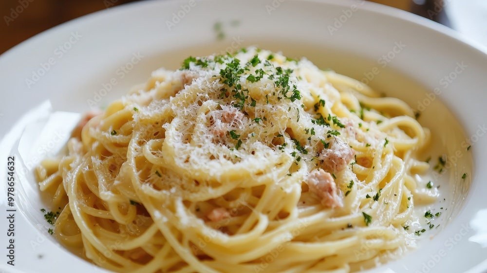 Delicious plate of creamy pasta garnished with herbs and cheese, perfect for food lovers seeking Italian cuisine. Delicious plate of creamy pasta garnished with herbs and cheese, perfect for food lovers seeking Italian cuisine.