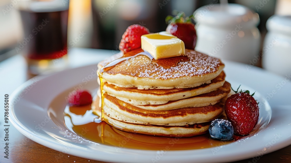 Delicious stack of fluffy pancakes topped with butter and fresh berries, drizzled with maple syrup on a stylish plate. Delicious stack of fluffy pancakes topped with butter and fresh berries, drizzled with maple syrup on a stylish plate.