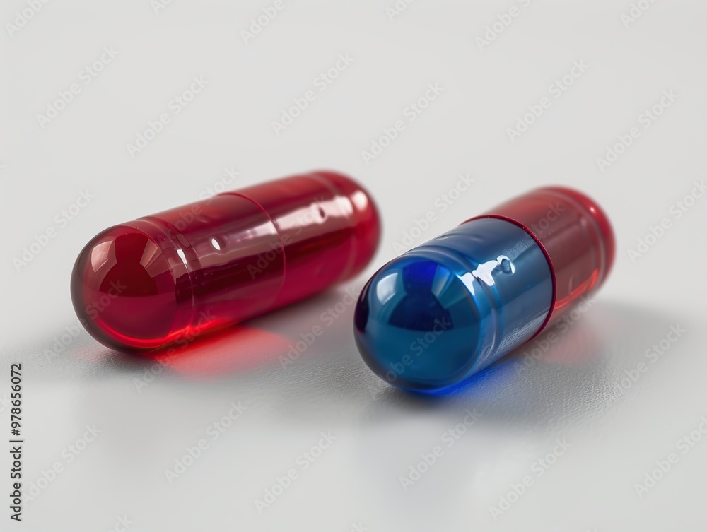 Two red and blue gel capsules on a white background. Two red and blue gel capsules on a white background.