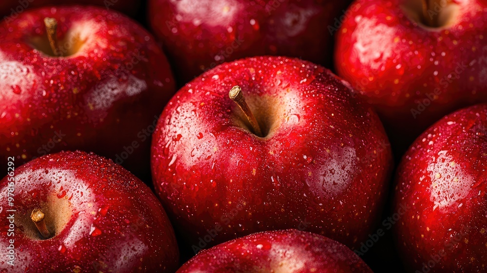 Fresh and vibrant red apple with droplets of water, showcasing its glossy skin and tempting appearance, perfect for healthy recipes. Fresh and vibrant red apple with droplets of water, showcasing its glossy skin and tempting appearance, perfect for healthy recipes.