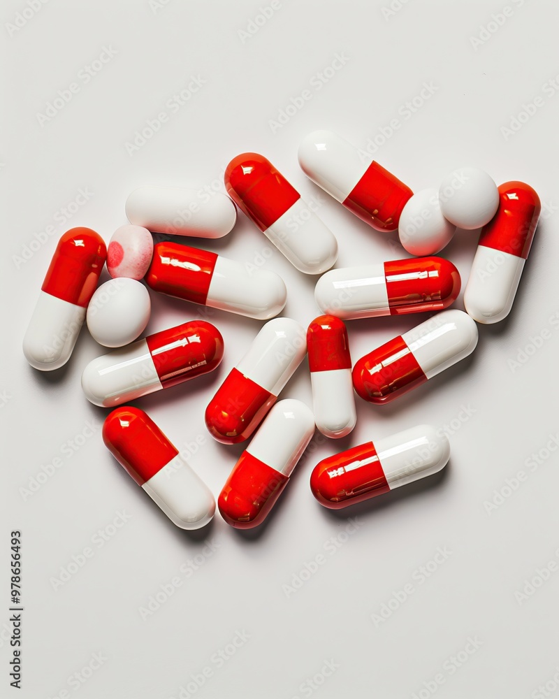 Red and white capsules and white pills on a white background. Top view. Red and white capsules and white pills on a white background. Top view.