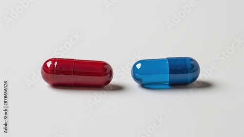 Two red and blue gel capsules on a white background.