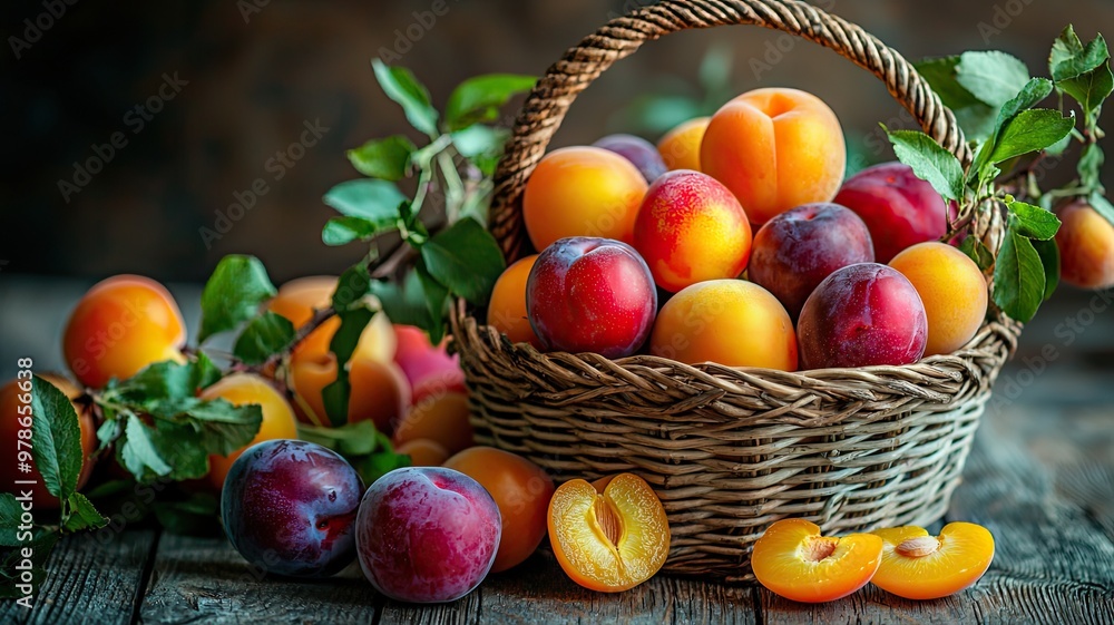 Fresh fruits in a woven basket on a rustic wooden table, showcasing vibrant colors and natural beauty. Fresh fruits in a woven basket on a rustic wooden table, showcasing vibrant colors and natural beauty.