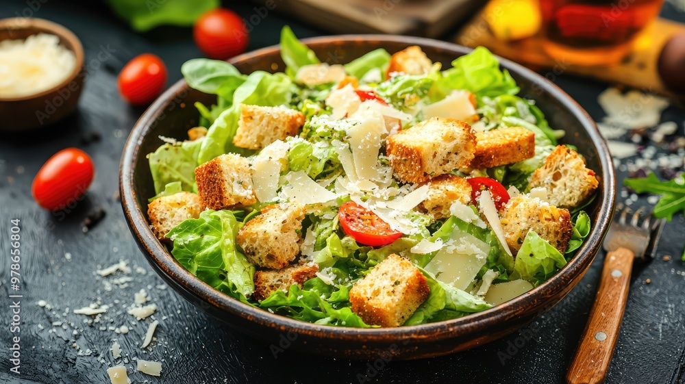 Fresh green salad with croutons, cherry tomatoes, and grated cheese in a rustic bowl on a dark background. Fresh green salad with croutons, cherry tomatoes, and grated cheese in a rustic bowl on a dark background.