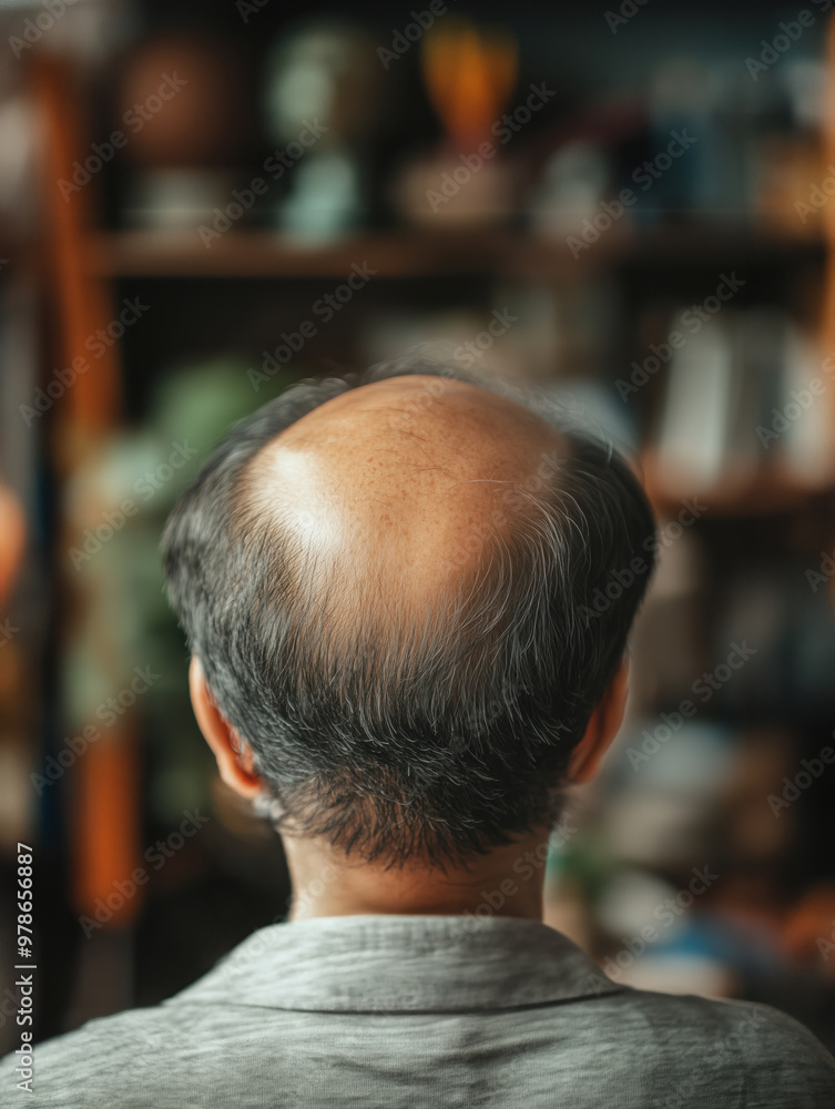 The back view of a balding man with thin hair. The back view of a balding man with thin hair.