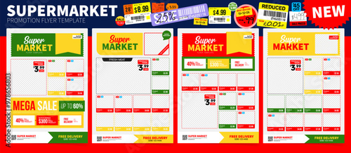 Set of Supermarket product promotion flyer template. Shop poster design. Grocery Ads. Supermarket flyer with discounts. Vector illustration
