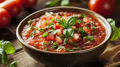 Fresh homemade salsa in a rustic bowl, garnished with vibrant herbs, perfect for enhancing any meal or gathering.