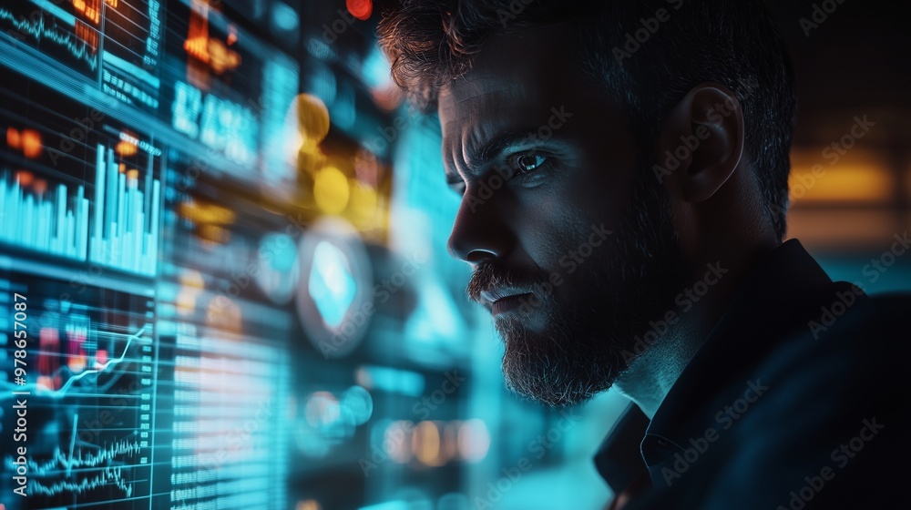 A man studies a vibrant spreadsheet in a dim room filled with glowing screens and holograms. A man studies a vibrant spreadsheet in a dim room filled with glowing screens and holograms.