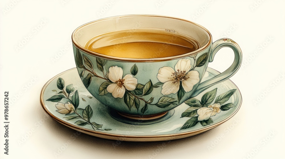 A decorative tea cup with floral design and tea inside. A decorative tea cup with floral design and tea inside.