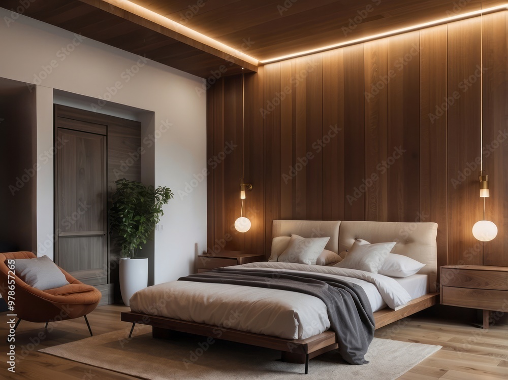 Modern Minimalist Bedroom with Wooden Walls and Pendant Lights Modern Minimalist Bedroom with Wooden Walls and Pendant Lights