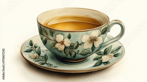 A decorative tea cup with floral design and tea inside.