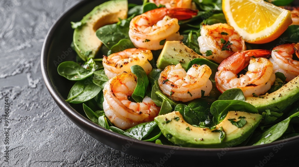 Fresh shrimp salad with spinach and avocado, garnished with orange slices for a healthy and delicious meal option. Fresh shrimp salad with spinach and avocado, garnished with orange slices for a healthy and delicious meal option.