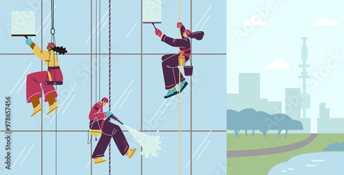 Industrial climbers of different genders are cleaning the windows of a glass building.
