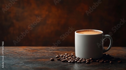 Hot Cup of Coffee in White Ceramic Mug Coffee Beans and Warm Brown Background : Generative AI