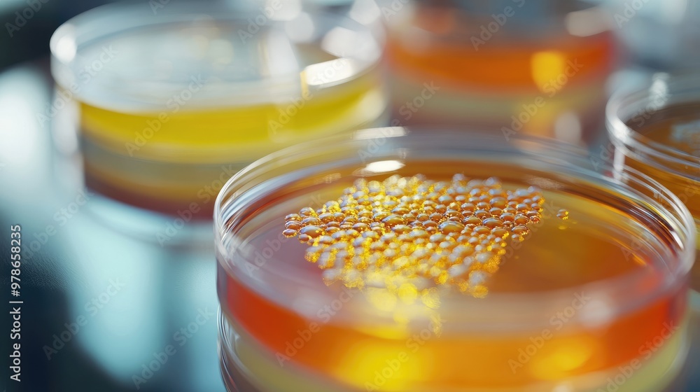 Close-up of a Petri Dish with Yellow Liquid and Spherical Objects Close-up of a Petri Dish with Yellow Liquid and Spherical Objects